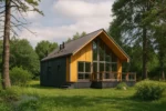 Проект дома «Щ-94» из СИП-панелей, 94 м² — одноэтажный дом с жёлтым фасадом, чёрной крышей и террасой | HotWell.KZ