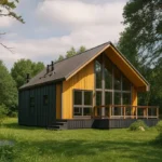 Проект дома «Щ-94» из СИП-панелей, 94 м² — одноэтажный дом с жёлтым фасадом, чёрной крышей и террасой | HotWell.KZ