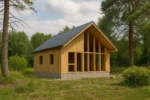 Дом «Щ-94», 94 м², 1.5 этажа, в черновой отделке: коробка из СИП-панелей OSB-3, двускатная кровля из металлочерепицы, проёмы без окон и дверей, в проёмах видны сосновые балки перекрытия