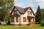 Проект дома «Ш-120Б» из СИП-панелей, 120 м² — двухэтажный дом с бежевым фасадом, коричневой крышей и крыльцом | HotWell.KZ
