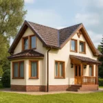 Проект дома «Ш-120Б» из СИП-панелей, 120 м² — двухэтажный дом с бежевым фасадом, коричневой крышей и крыльцом | HotWell.KZ