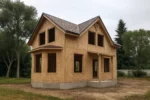 Дом «Ш-120Б», 120 м², 1.5 этажа, в черновой отделке: коробка из СИП-панелей OSB-3, двускатная кровля из металлочерепицы, проёмы без окон и дверей, в проёмах видны сосновые балки перекрытия