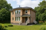 Проект дома «Ш-125» из СИП-панелей, 125 м² — двухэтажный дом с бежевым фасадом, черной крышей и крыльцом | HotWell.KZ