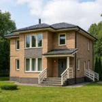 Проект дома «Ш-125» из СИП-панелей, 125 м² — двухэтажный дом с бежевым фасадом, черной крышей и крыльцом | HotWell.KZ
