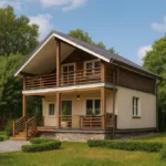 Проект дома «Ш-127» из СИП-панелей, 127 м² — двухэтажный дом с бежевым фасадом, коричневой крышей и балконом | HotWell.KZ