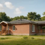 Проект дома «Ш-132» из СИП-панелей, 132 м² — одноэтажный дом с кирпичным фасадом, серой крышей и террасой | HotWell.KZ