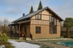 Проект дома «Ш-147» из СИП-панелей, 147 м² — двухэтажный дом с бежевым фасадом, серой крышей и террасой | HotWell.KZ