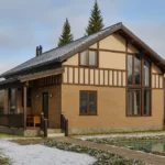 Проект дома «Ш-147» из СИП-панелей, 147 м² — двухэтажный дом с бежевым фасадом, серой крышей и террасой | HotWell.KZ