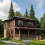 Проект дома «Ш-150» из СИП-панелей, 150 м² — двухэтажный дом с коричневым фасадом, темной крышей и крытой террасой | HotWell.KZ