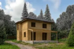 Дом «Ш-150», 150 м², 2 этажа, в черновой отделке: коробка из СИП-панелей OSB-3, вальмовая кровля из металлочерепицы, проёмы без окон и дверей, в проёмах видны сосновые балки перекрытия