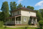 Проект дома «Ш-154» из СИП-панелей, 154 м² — двухэтажный дом с зелёным фасадом, коричневой крышей и террасой | HotWell.KZ