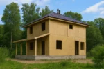 Дом «Ш-154», 154 м², 2 этажа, в черновой отделке: коробка из СИП-панелей OSB-3, вальмовая кровля из металлочерепицы, проёмы без окон и дверей, в проёмах видны сосновые балки перекрытия