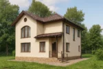 Проект дома «Ш-159» из СИП-панелей, 159 м² — двухэтажный дом с бежевым фасадом, коричневой крышей и крыльцом | HotWell.KZ
