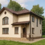 Проект дома «Ш-159» из СИП-панелей, 159 м² — двухэтажный дом с бежевым фасадом, коричневой крышей и крыльцом | HotWell.KZ