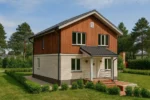 Проект дома «Ш-160» из СИП-панелей, 160 м² — двухэтажный дом с комбинированным фасадом, серой крышей и крыльцом | HotWell.KZ