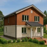 Проект дома «Ш-160» из СИП-панелей, 160 м² — двухэтажный дом с комбинированным фасадом, серой крышей и крыльцом | HotWell.KZ