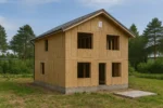 Дом «Ш-160», 160 м², 2 этажа, в черновой отделке: коробка из СИП-панелей OSB-3, двускатная кровля из металлочерепицы, проёмы без окон и дверей, в проёмах видны сосновые балки перекрытия