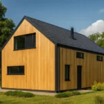 Проект дома «Ш-187» из СИП-панелей, 187 м² — двухэтажный дом с деревянным фасадом и черной крышей | HotWell.KZ