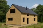 Дом «Ш-187», 187 м², 1.5 этажа, в черновой отделке: коробка из СИП-панелей OSB-3, двускатная кровля из металлочерепицы, проёмы без окон и дверей, в проёмах видны сосновые балки перекрытия