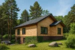 Проект дома «Ш-206» из СИП-панелей, 206 м² — двухэтажный дом с деревянным фасадом и черной крышей | HotWell.KZ