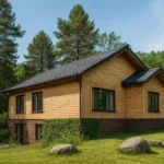 Проект дома «Ш-206» из СИП-панелей, 206 м² — двухэтажный дом с деревянным фасадом и черной крышей | HotWell.KZ
