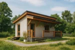 Проект дома «Ш-30» из СИП-панелей, 30 м² — одноэтажный дом с серым фасадом, коричневой крышей и террасой | HotWell.KZ