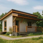 Проект дома «Ш-30» из СИП-панелей, 30 м² — одноэтажный дом с серым фасадом, коричневой крышей и террасой | HotWell.KZ