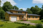 Проект дома «Ш-318» из СИП-панелей, 318 м² — двухэтажный дом с жёлтым фасадом, серой крышей и гаражом | HotWell.KZ