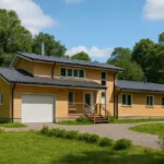 Проект дома «Ш-318» из СИП-панелей, 318 м² — двухэтажный дом с жёлтым фасадом, серой крышей и гаражом | HotWell.KZ