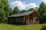 Проект дома «Ш-80» из СИП-панелей, 80 м² — одноэтажный дом с тёмным фасадом, серой крышей и террасой | HotWell.KZ