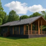 Проект дома «Ш-80» из СИП-панелей, 80 м² — одноэтажный дом с тёмным фасадом, серой крышей и террасой | HotWell.KZ
