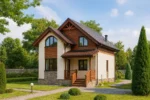 Проект дома «Т-101» из СИП-панелей, 101 м² — двухэтажный дом с бежевым фасадом, коричневой крышей и крытым крыльцом | HotWell.KZ