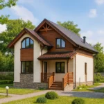 Проект дома «Т-101» из СИП-панелей, 101 м² — двухэтажный дом с бежевым фасадом, коричневой крышей и крытым крыльцом | HotWell.KZ