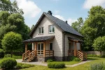 Проект дома «Т-112Г» из СИП-панелей, 112 м² — двухэтажный дом с белым фасадом, серой крышей и крытым крыльцом | HotWell.KZ