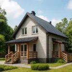 Проект дома «Т-112Г» из СИП-панелей, 112 м² — двухэтажный дом с белым фасадом, серой крышей и крытым крыльцом | HotWell.KZ