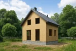 Дом «Т-112Г», 112 м², 1.5 этажа, в черновой отделке: коробка из СИП-панелей OSB-3, двускатная кровля из металлочерепицы, проёмы без окон и дверей, в проёмах видны сосновые балки перекрытия