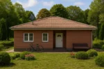 Проект дома «Т-120» из СИП-панелей, 120 м² — одноэтажный дом с кирпичным фасадом и коричневой крышей | HotWell.KZ