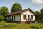 Проект дома «Т-120Б» из СИП-панелей, 120 м² — одноэтажный дом с белым фасадом, коричневой крышей и террасой | HotWell.KZ