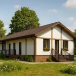 Проект дома «Т-120Б» из СИП-панелей, 120 м² — одноэтажный дом с белым фасадом, коричневой крышей и террасой | HotWell.KZ