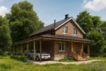 Проект дома «Т-122Б» из СИП-панелей, 122 м² — двухэтажный дом с кирпичным фасадом, коричневой крышей и террасой | HotWell.KZ