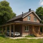 Проект дома «Т-122Б» из СИП-панелей, 122 м² — двухэтажный дом с кирпичным фасадом, коричневой крышей и террасой | HotWell.KZ