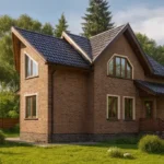 Проект дома «Т-126» из СИП-панелей, 126 м² — двухэтажный дом с кирпичным фасадом, черной крышей и крыльцом | HotWell.KZ
