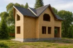 Дом «Т-126», 126 м², 1.5 этажа, в черновой отделке: коробка из СИП-панелей OSB-3, двускатная кровля из металлочерепицы, проёмы без окон и дверей, в проёмах видны сосновые балки перекрытия