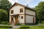 Проект дома «Т-131Б» из СИП-панелей, 131 м² — двухэтажный дом с бежевым фасадом, коричневой крышей и крыльцом | HotWell.KZ