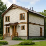 Проект дома «Т-131Б» из СИП-панелей, 131 м² — двухэтажный дом с бежевым фасадом, коричневой крышей и крыльцом | HotWell.KZ