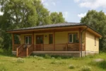 Проект дома «Т-133» из СИП-панелей, 133 м² — одноэтажный дом с жёлтым фасадом, тёмной крышей и крытой террасой | HotWell.KZ