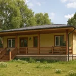 Проект дома «Т-133» из СИП-панелей, 133 м² — одноэтажный дом с жёлтым фасадом, тёмной крышей и крытой террасой | HotWell.KZ