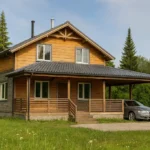 Проект дома «Т-134» из СИП-панелей, 134 м² — двухэтажный дом с деревянным фасадом, серой крышей и крытой террасой | HotWell.KZ