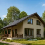 Проект дома «Т-136» из СИП-панелей, 136 м² — двухэтажный дом с бежевым фасадом, серой крышей и террасой | HotWell.KZ