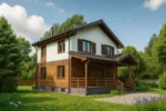 Проект дома «Т-140Б» из СИП-панелей, 140 м² — двухэтажный дом с белым и деревянным фасадом, коричневой крышей и крыльцом | HotWell.KZ